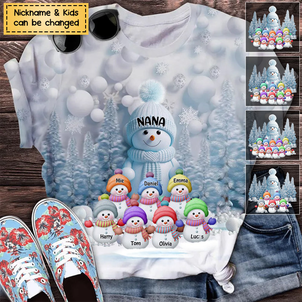 Blue Vibe Snowman Grandma Mom Colorful Kids Personalized 3D Shirt