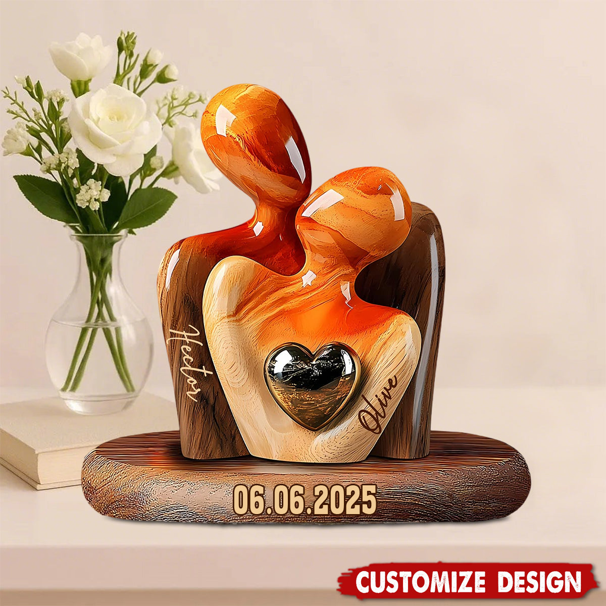 Elegant Couple Statue with Heart Inlay - Personalized Couple Wooden Plaque
