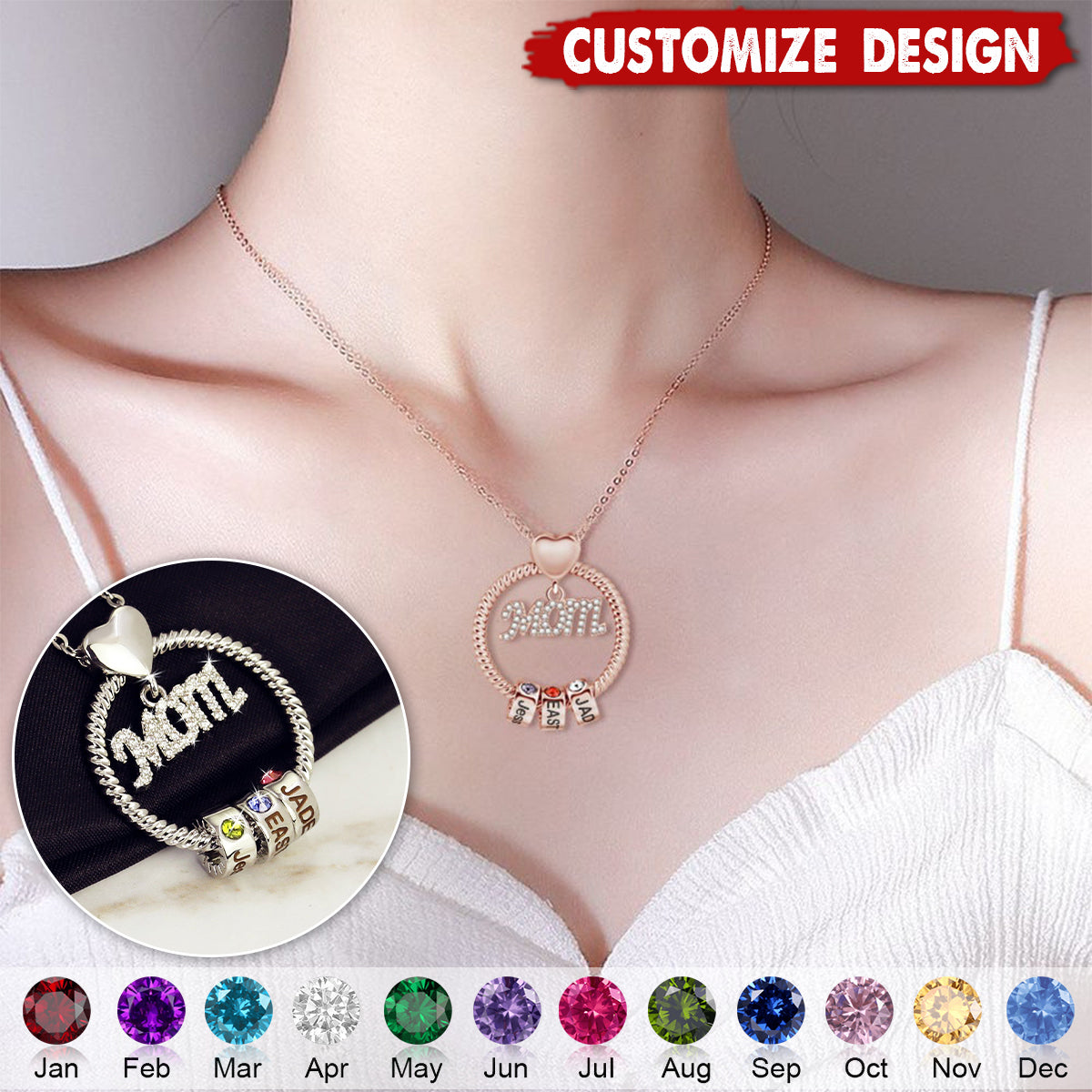 Personalized Circle Pendant With Birthstone Beads Necklace - Gift For Mom Grandma