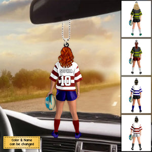 Personalized Rugby Female/Girl/Woman Player Acrylic Christmas Ornament - Gift For Rugby Players