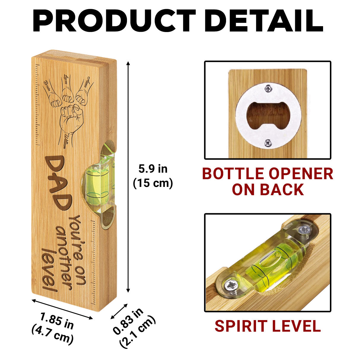Dad Fist Bump - Personalized Engraved Wooden Spirit Level Bottle Opener