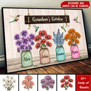 Hummingbird Custom Birth Month Flowers Grandma‘s Garden Personalized Horizontal Poster