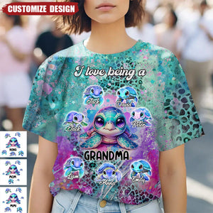 Purple Teal Leopard Sea Turtle Nana Auntie Mom Kids, I Love Being A Grandma Personalized 3D T-shirt