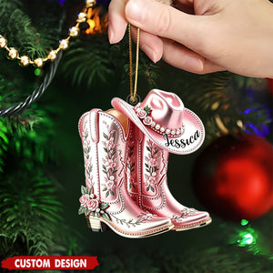 Personalized Cowgirl Boots & Hat Acrylic Christmas ornament - Gift For Cowgirl