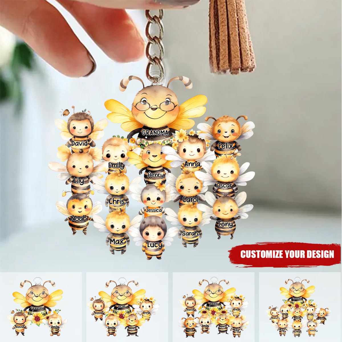 Mama Bee With Little Kids - Personalized Acrylic Keychain - Gift For Mom, Grandma