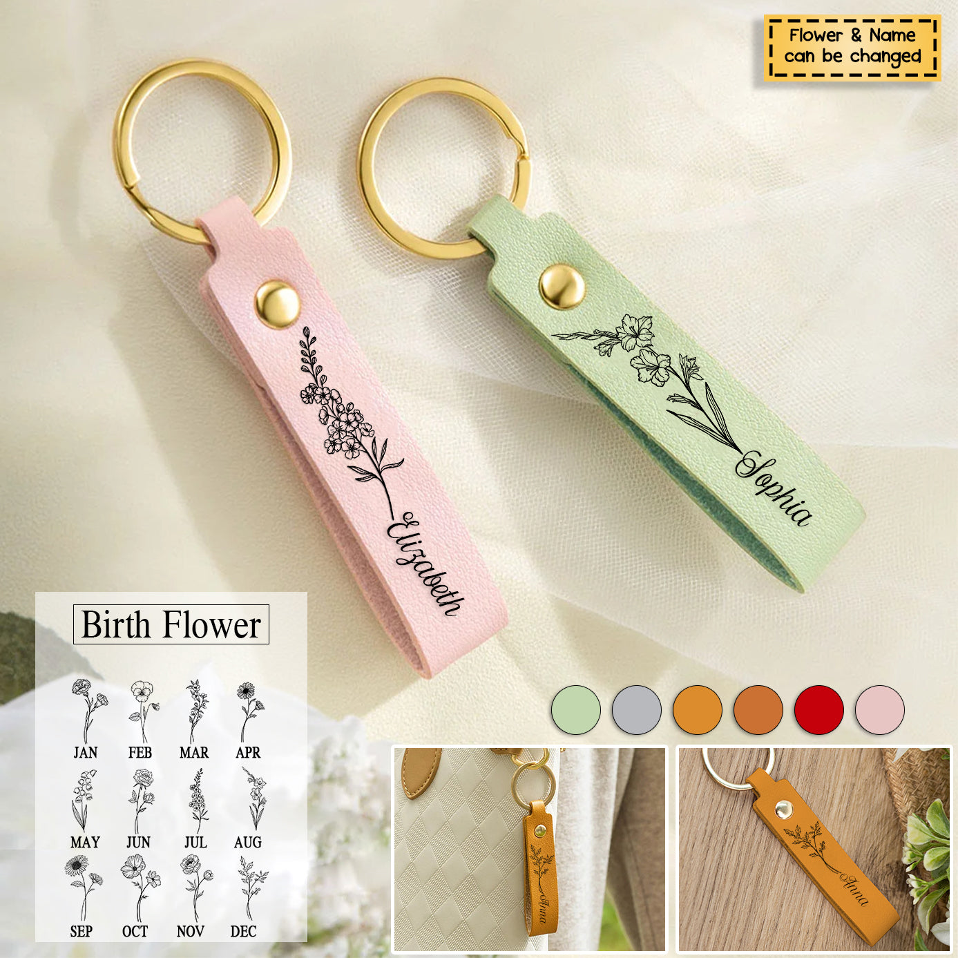 Personalized Birth Flower Leather Keychain - Gift Idea for Mother's Day/Birthday