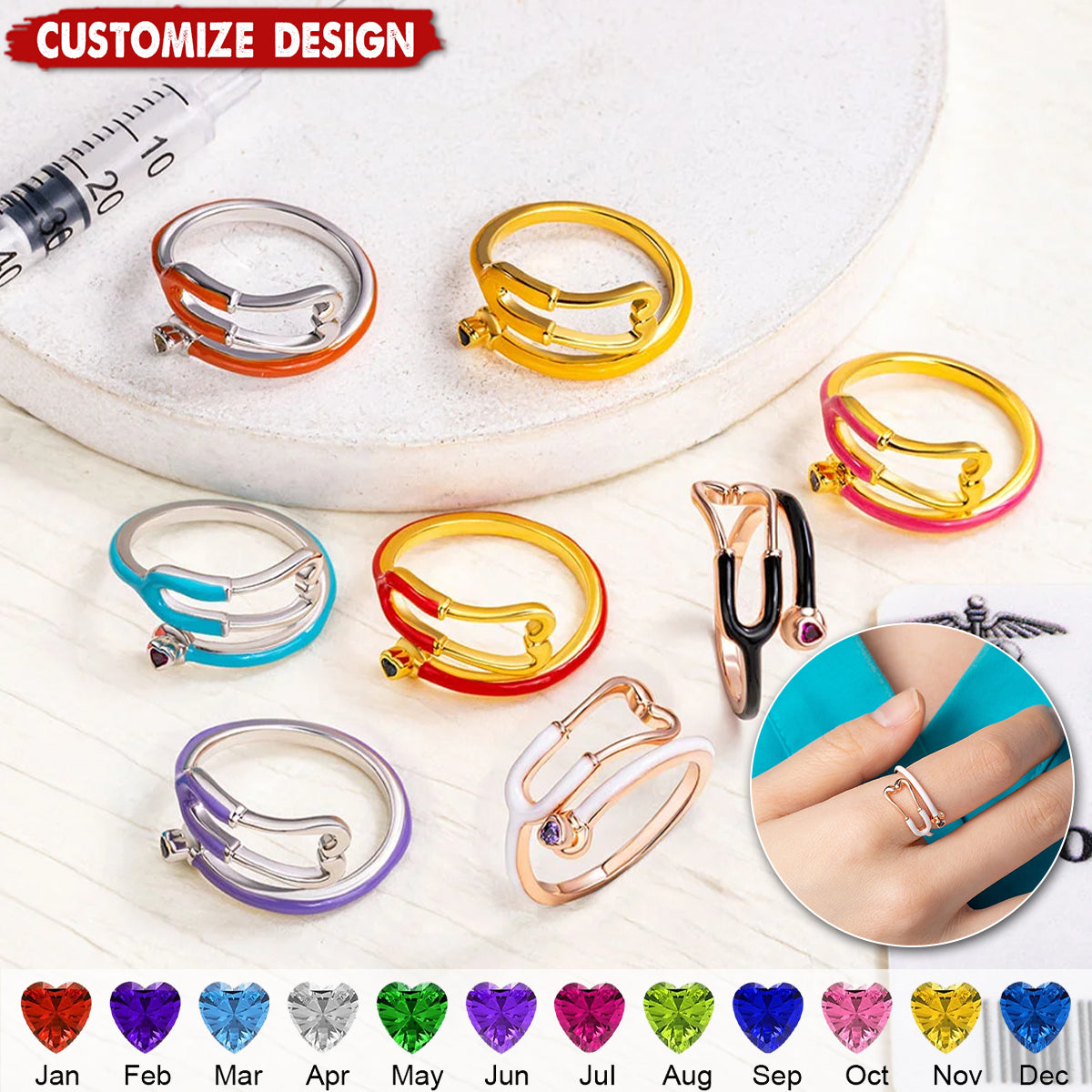 Personalized Heart Birthstone Ring Nurses Week - Appreciation Gift for Medical Staff