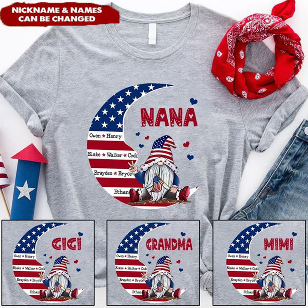 Personalized Grandma Dwarf Moon American Flag T-Shirt