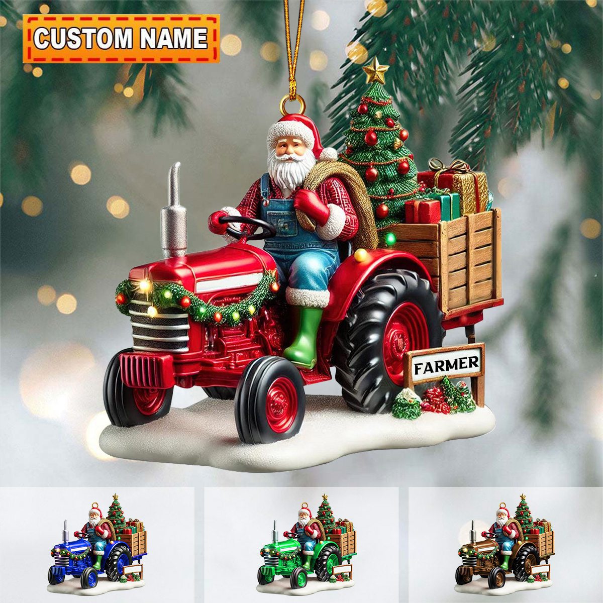 Personalized Farmer Santa Ornament on Tractor-2024 New Release