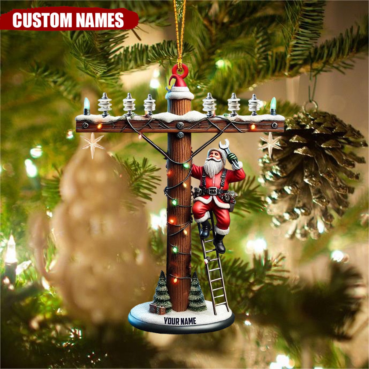 Personalized Lineman Christmas Ornament with Santa on Utility Pole - 2024 New Release