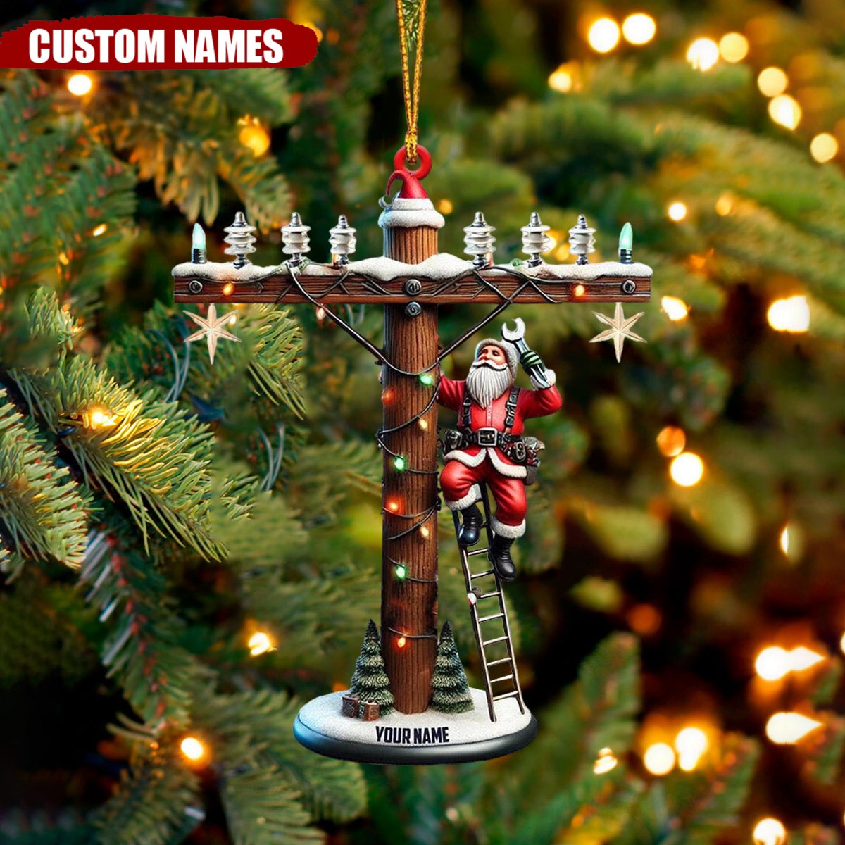 Personalized Lineman Christmas Ornament with Santa on Utility Pole - 2024 New Release