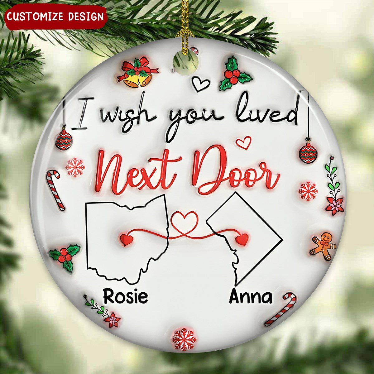 2024 New Release - I Wish We Lived Closer - Personalized 3D Inflated Effect Ceramic Ornament, Gift For Sister, Family