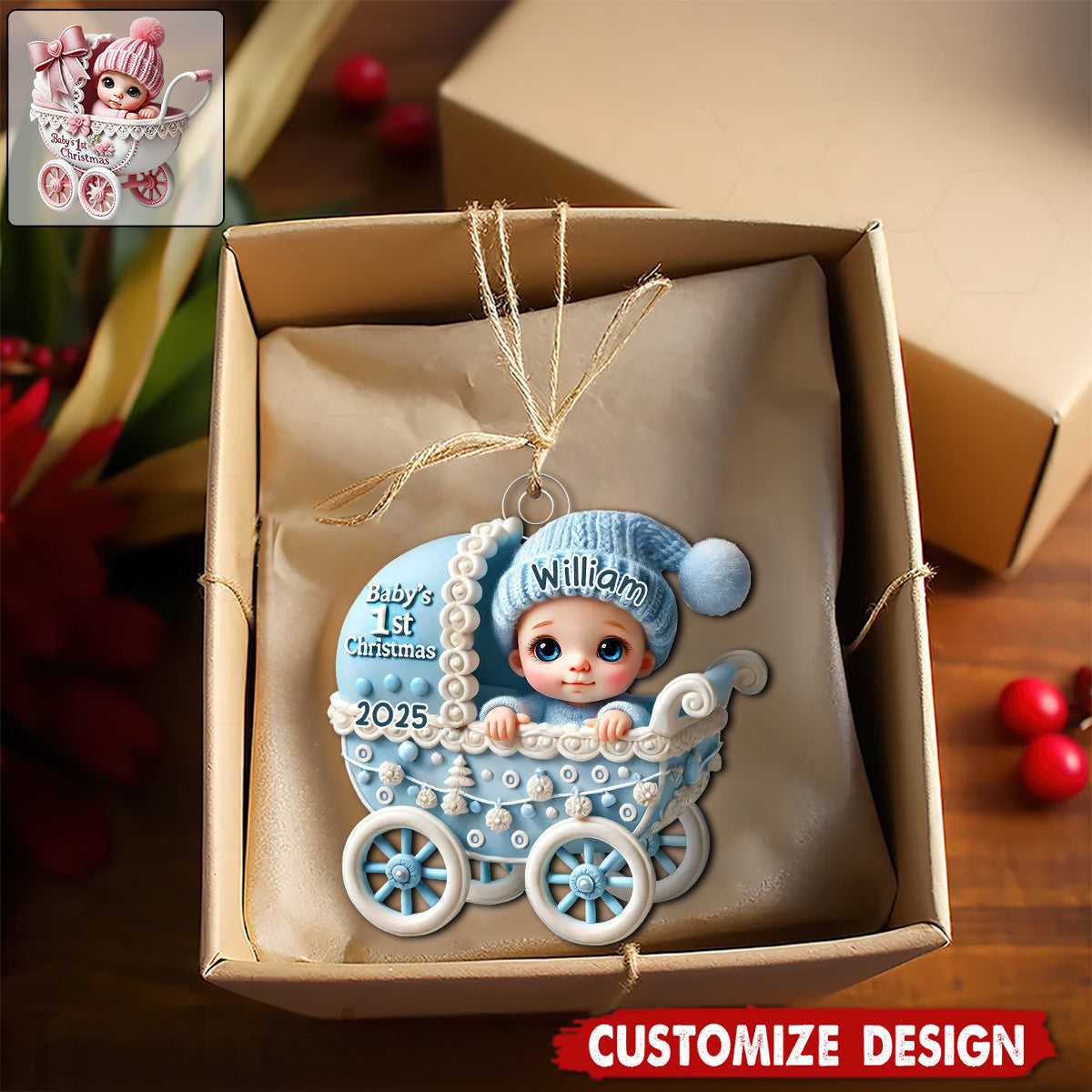 Newborn Baby In Carriage Christmas Personalized Acrylic Ornament