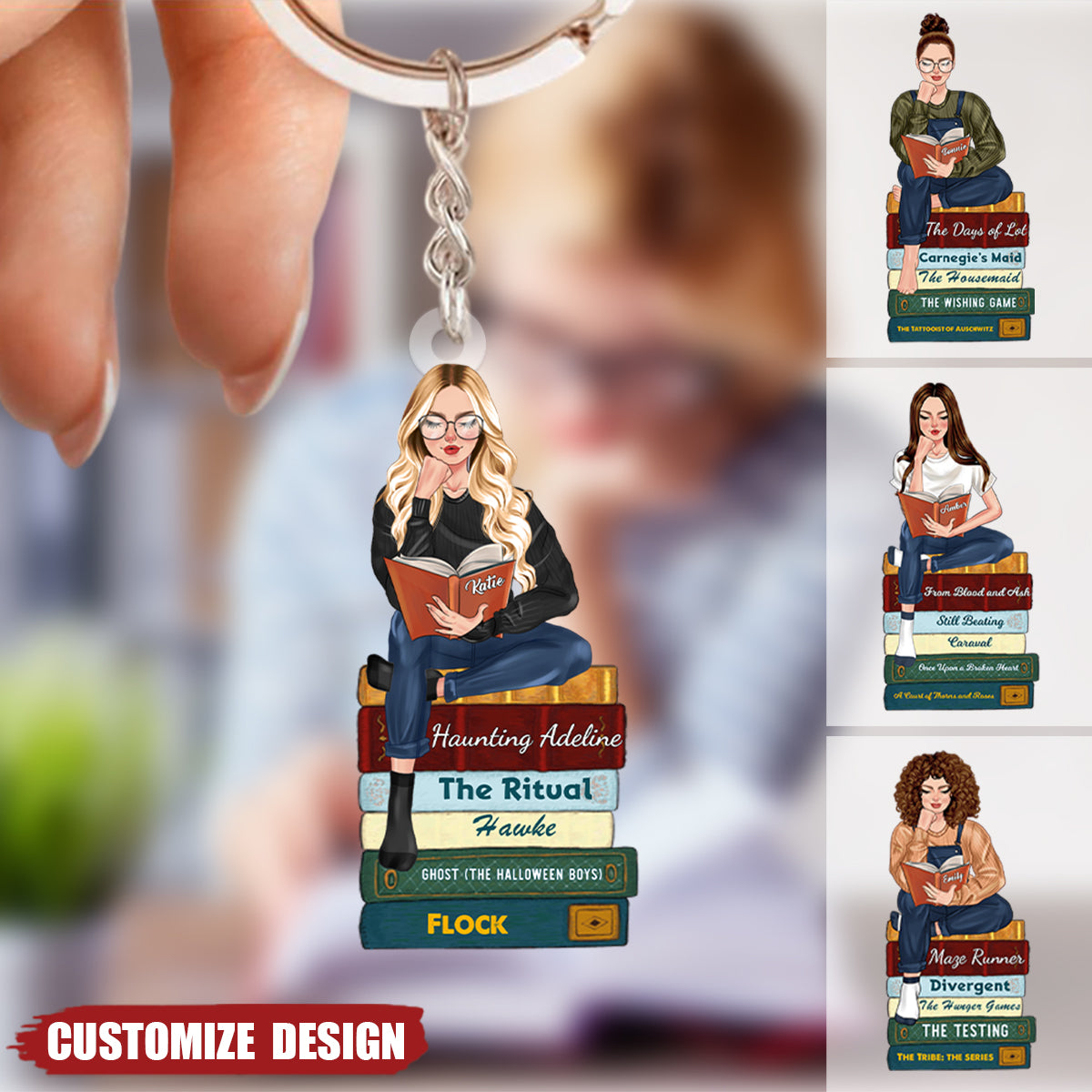 Reading Keychains Girl Reading Book - Custom Book Titles, Personalized Acrylic Keychain ...