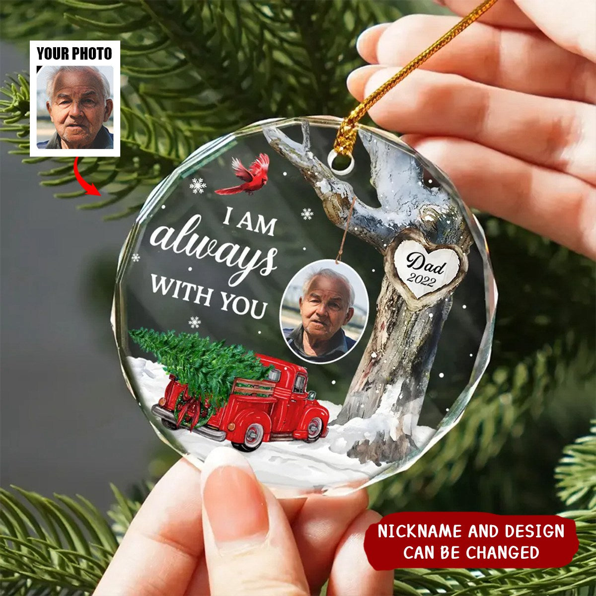 Always With You Photo Memorial Personalized Glass Ornament, Christmas Sympathy Keepsake, Lost Loved Ones Remembrance