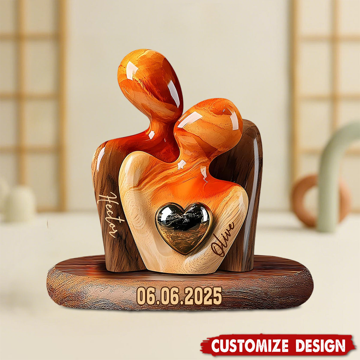 Elegant Couple Statue with Heart Inlay - Personalized Couple Wooden Plaque