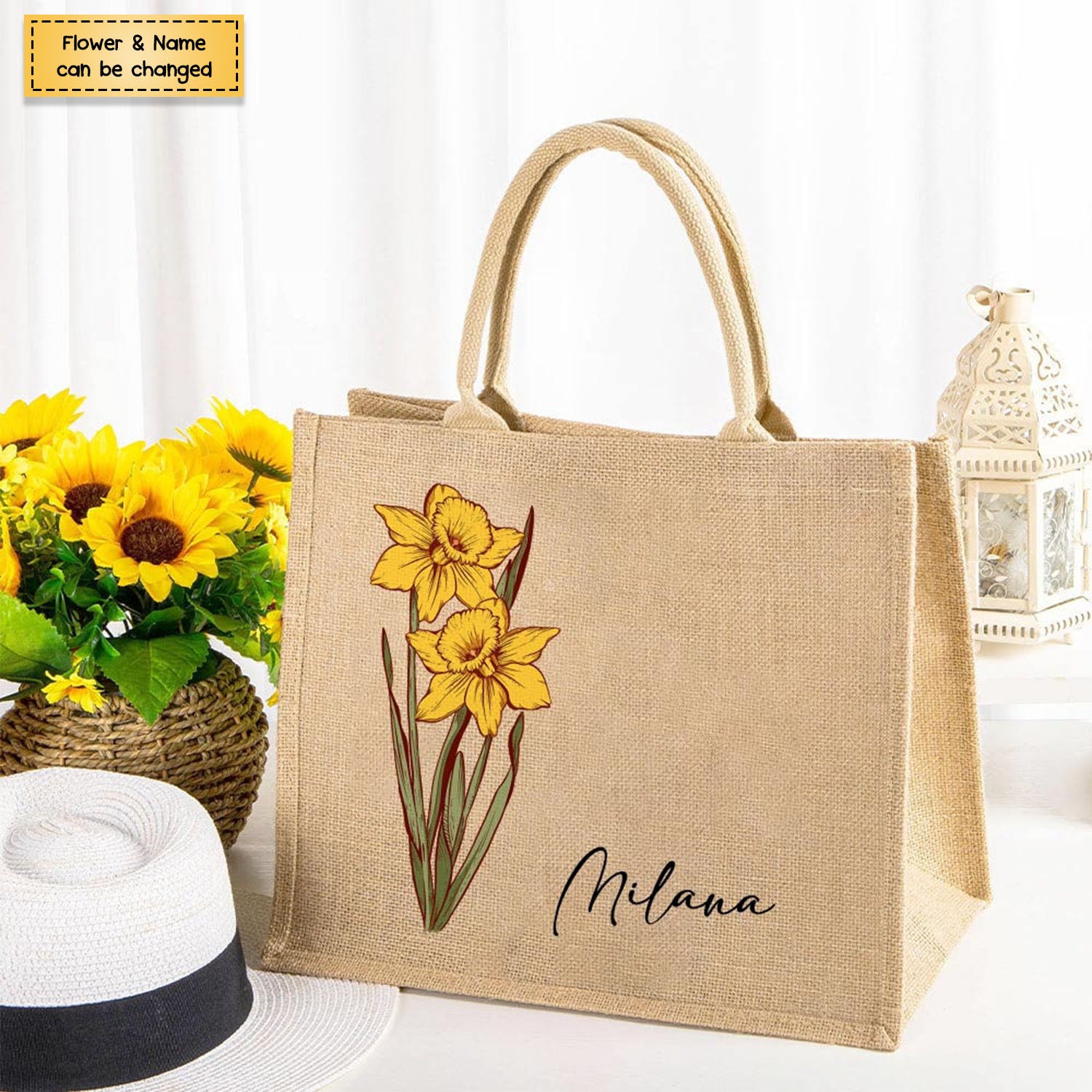 Personalized Birth Flower Beach Jute Tote Bag