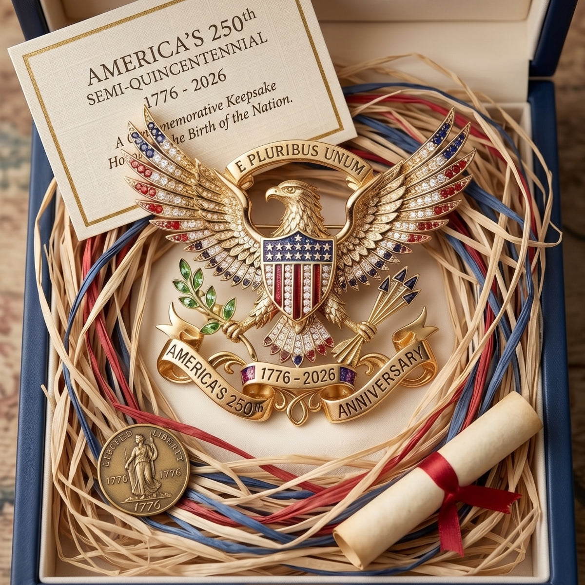 America 250th Anniversary Commemorative Pin, 1776-2026 USA Eagle Emblem, Patriotic Keepsake Gift, Collector's Gold Enamel Brooch, Historical