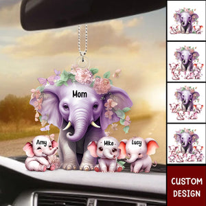 Mama Purple Elephant With Little Kids - Personalized Acrylic Ornament - Gift For Mom, Grandma