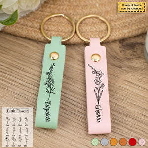 Personalized Birth Flower Leather Keychain - Gift Idea for Mother's Day/Birthday