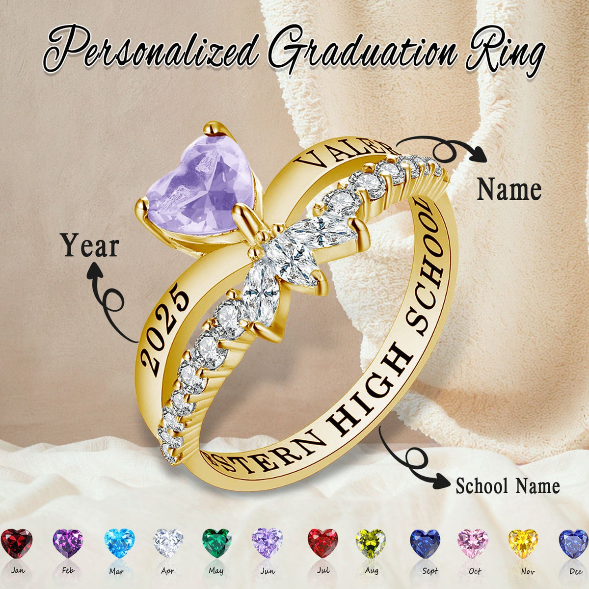 Personalized Engraved Graduation Flowered Heartbeat Birthstone Ring, Graduation Gift