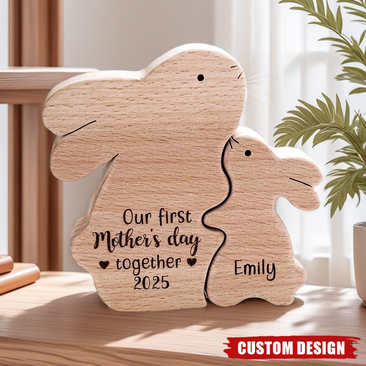 Wooden Bunny Mom And Baby - Personalized Wooden Puzzle, Mother's Day Gift