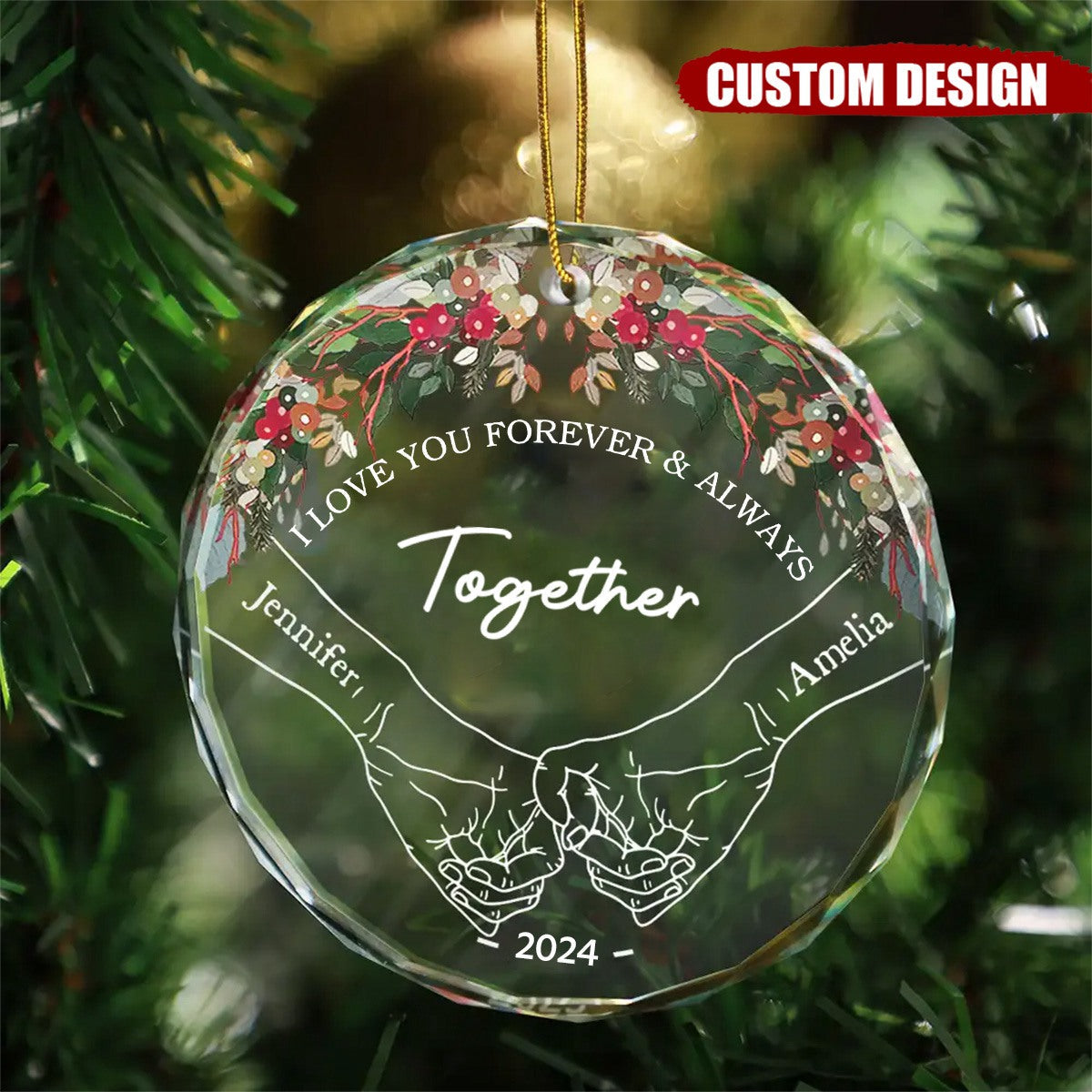 2024 New Release - Holding Hands First Christmas Couple - Personalized Circle Glass Ornament