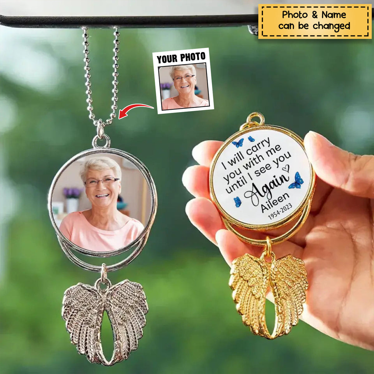 I Will Carry You With Me, Personalized Angel Wings Car Hanging Ornament, Custom Photo