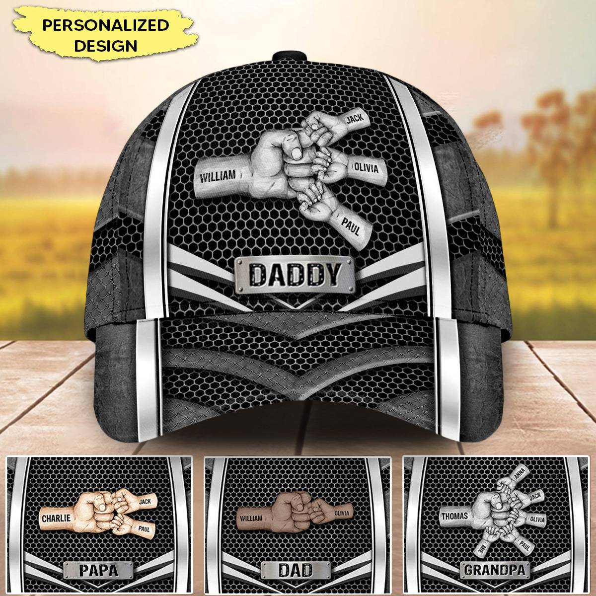Grandpa Daddy Papa Hands To Hands Kids Metal Pattern Personalized Classic Cap