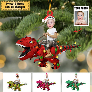 Personalized Cute Kid Rides The Dinosaurus Christmas Light Car Hanging Ornament