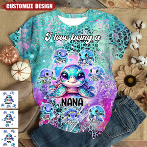 Purple Teal Leopard Sea Turtle Nana Auntie Mom Kids, I Love Being A Grandma Personalized 3D T-shirt