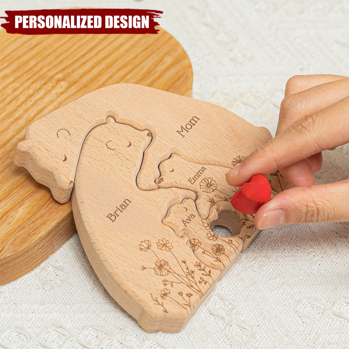 Hugging Bear Family Floral Version-Personalized Wooden Bear Family Puzzle