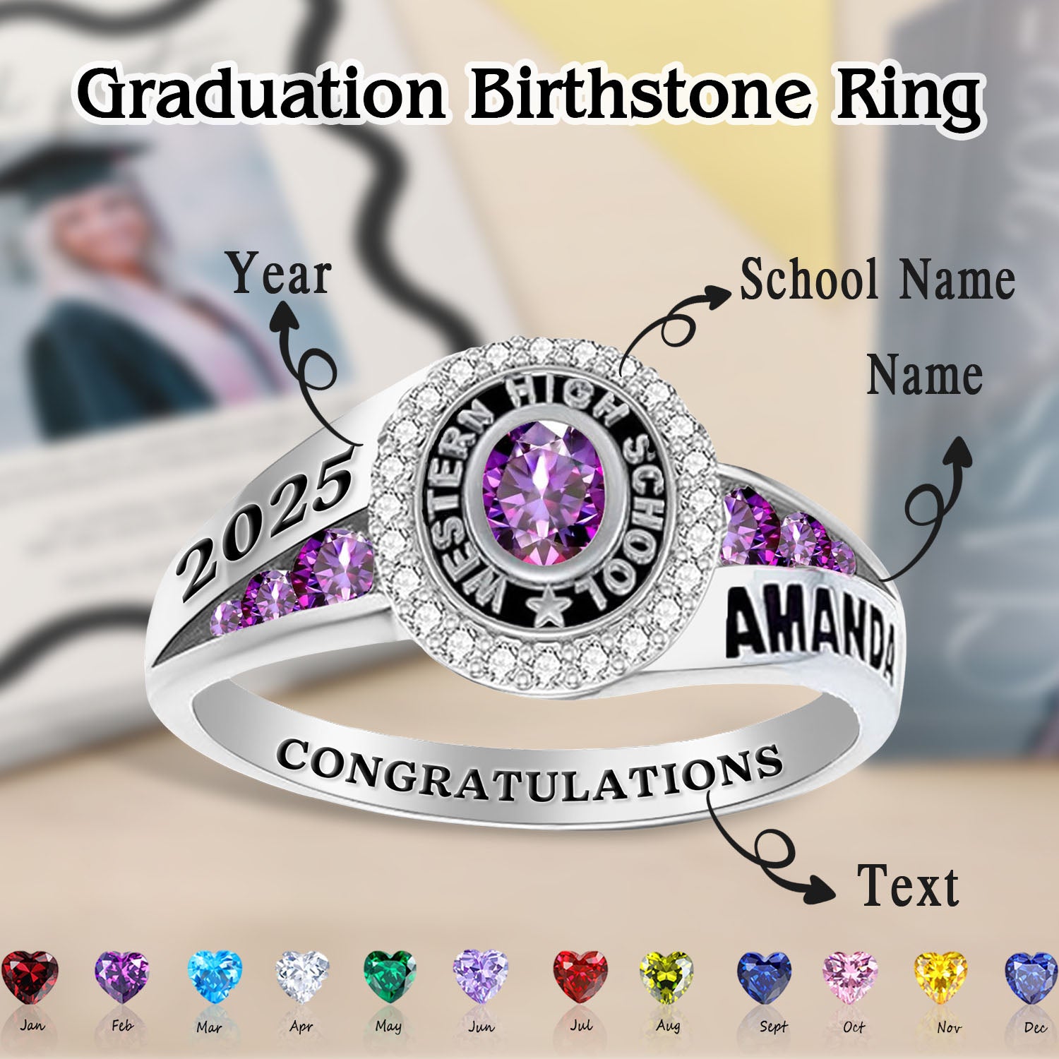 School Graduation Rings Personalized Engraved College & High School Graduation Ring, Graduatio ...