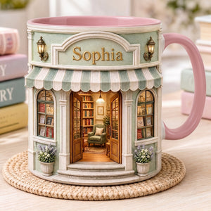Custom Name Bookstore Mug, Cozy Reader Birthday Gift