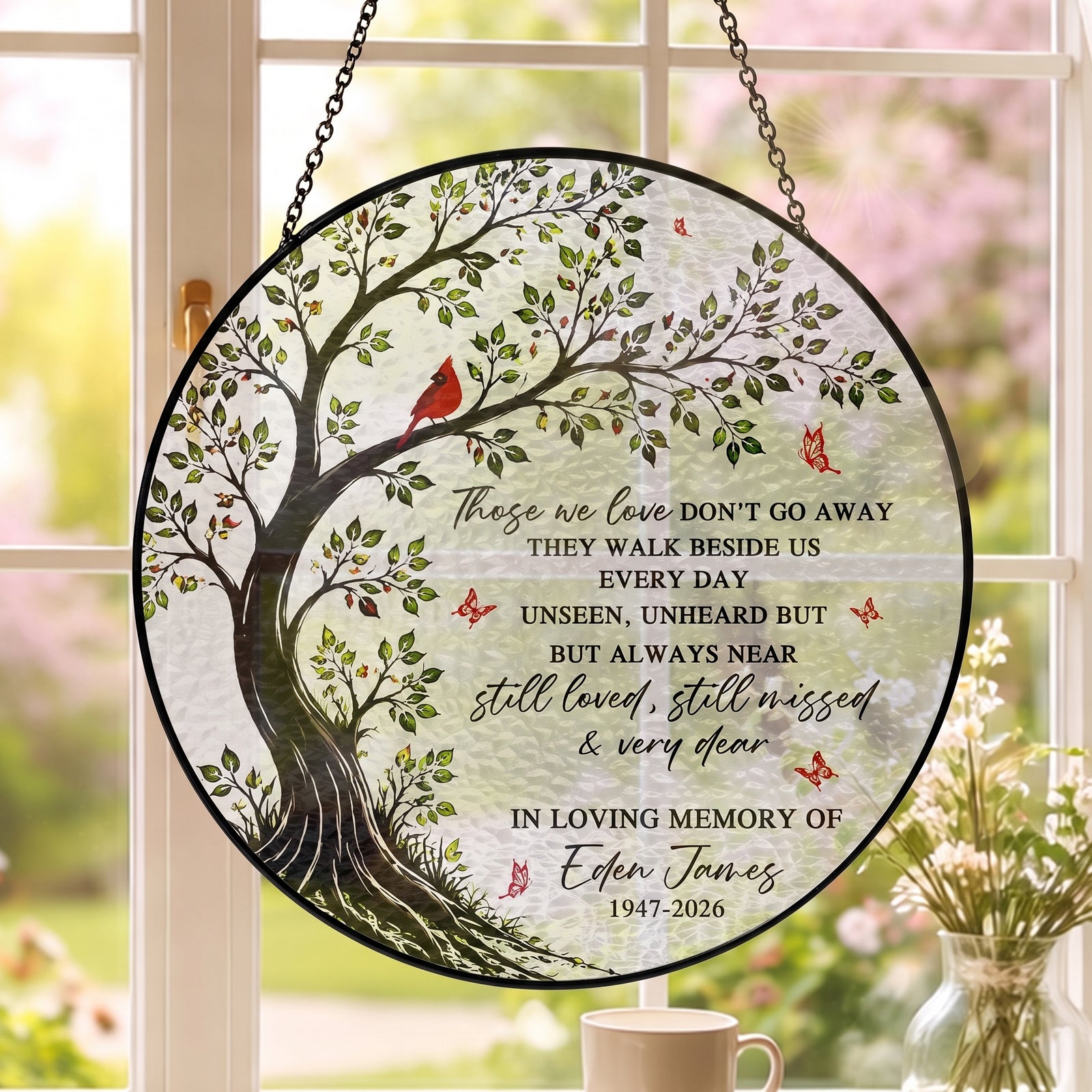 Personalized Memorial Stained Glass Suncatcher, Cardinal Glass Decor