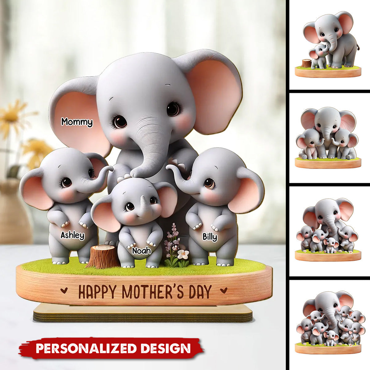 Cute Elephant Mama/Grandma With Kids-Personalized Standing Wooden Plaque-Gift For Mom/Grandma