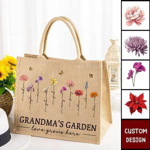 Grandma's Garden Love Grows Here - Personalized Jute Tote Bag