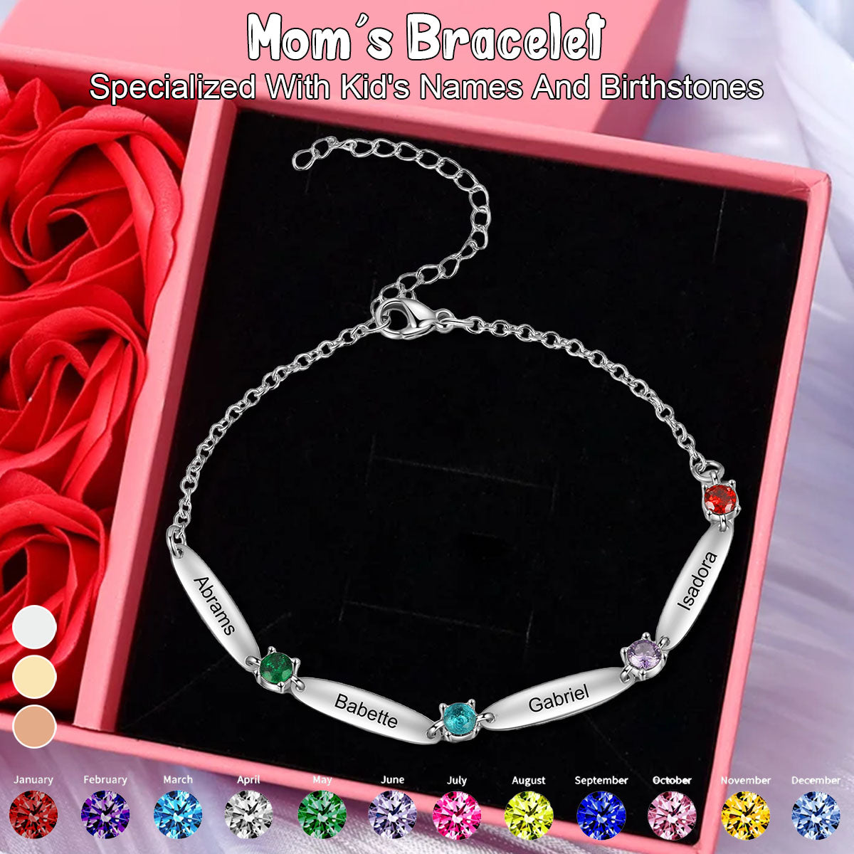 Personalized Family Name Bar Birthstone Bracelet-Gift For Mom/Grandma