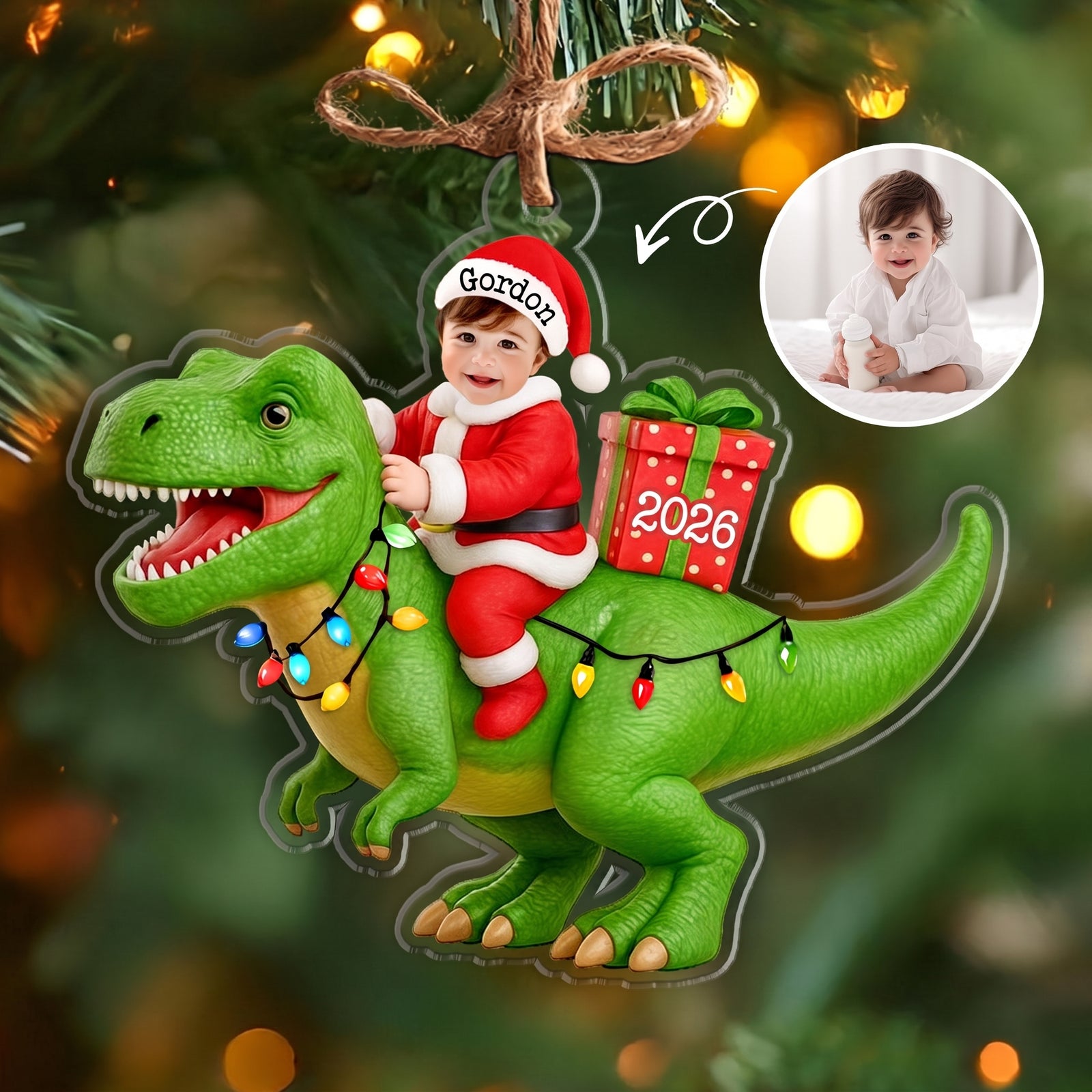 Personalized Dinosaur Christmas Ornament 2026, Custom Kids Photo Ornament