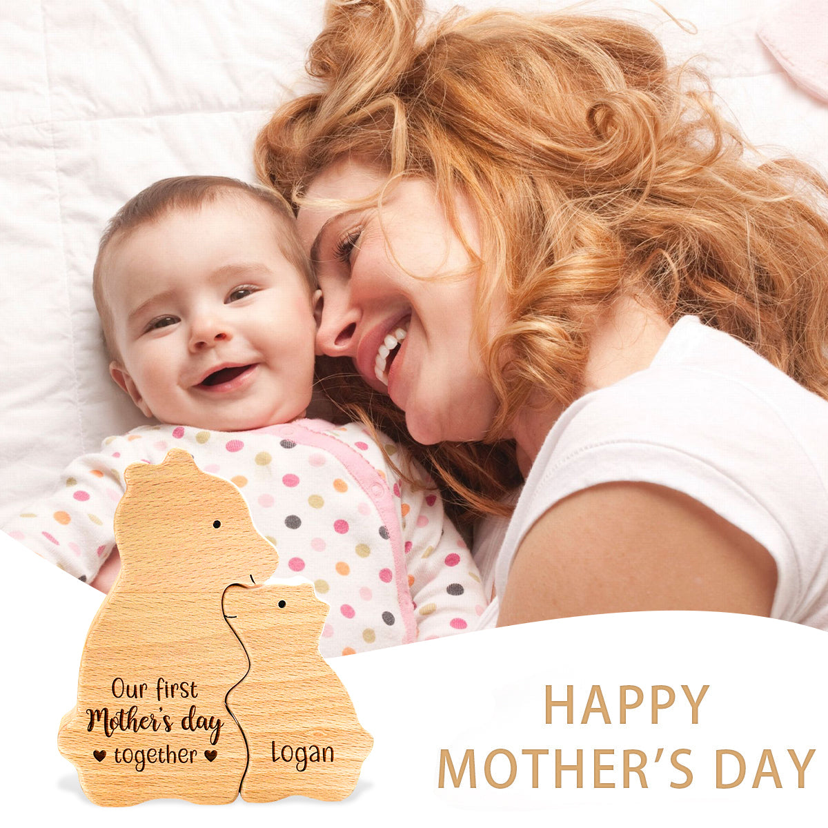 Wooden Bear Mom And Baby - Personalized Bear Wooden Puzzle, First Mother's Day Gift