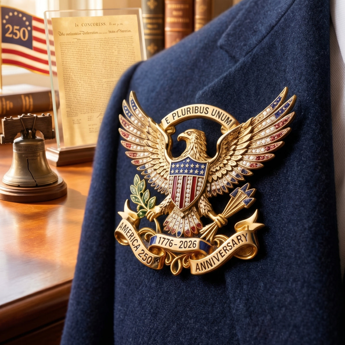 America 250th Anniversary Commemorative Pin, 1776-2026 USA Eagle Emblem, Patriotic Keepsake Gift, Collector's Gold Enamel Brooch, Historical