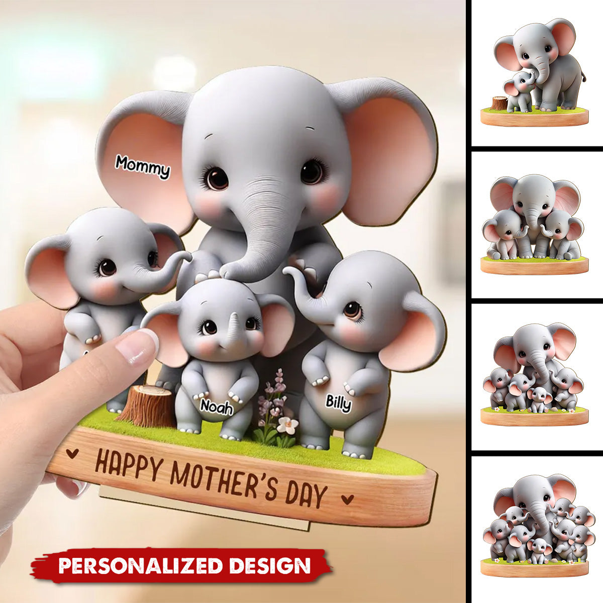 Cute Elephant Mama/Grandma With Kids-Personalized Standing Wooden Plaque-Gift For Mom/Grandma