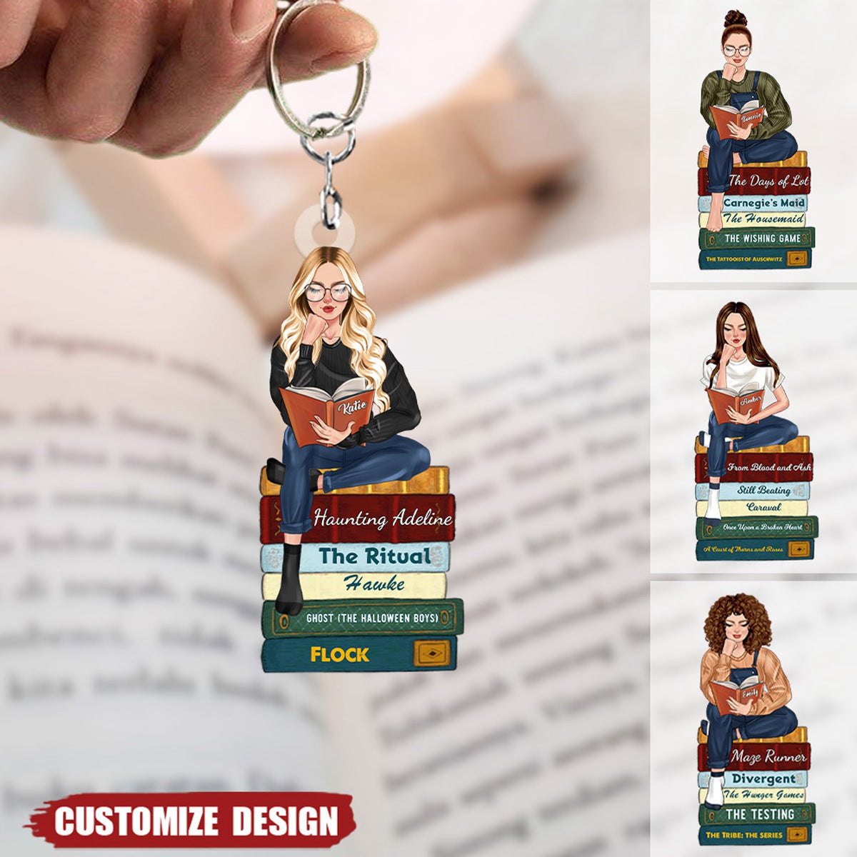 Reading Rope Keychain Girl Reading Book - Custom Book Titles, Personalized Acrylic Keychain ...