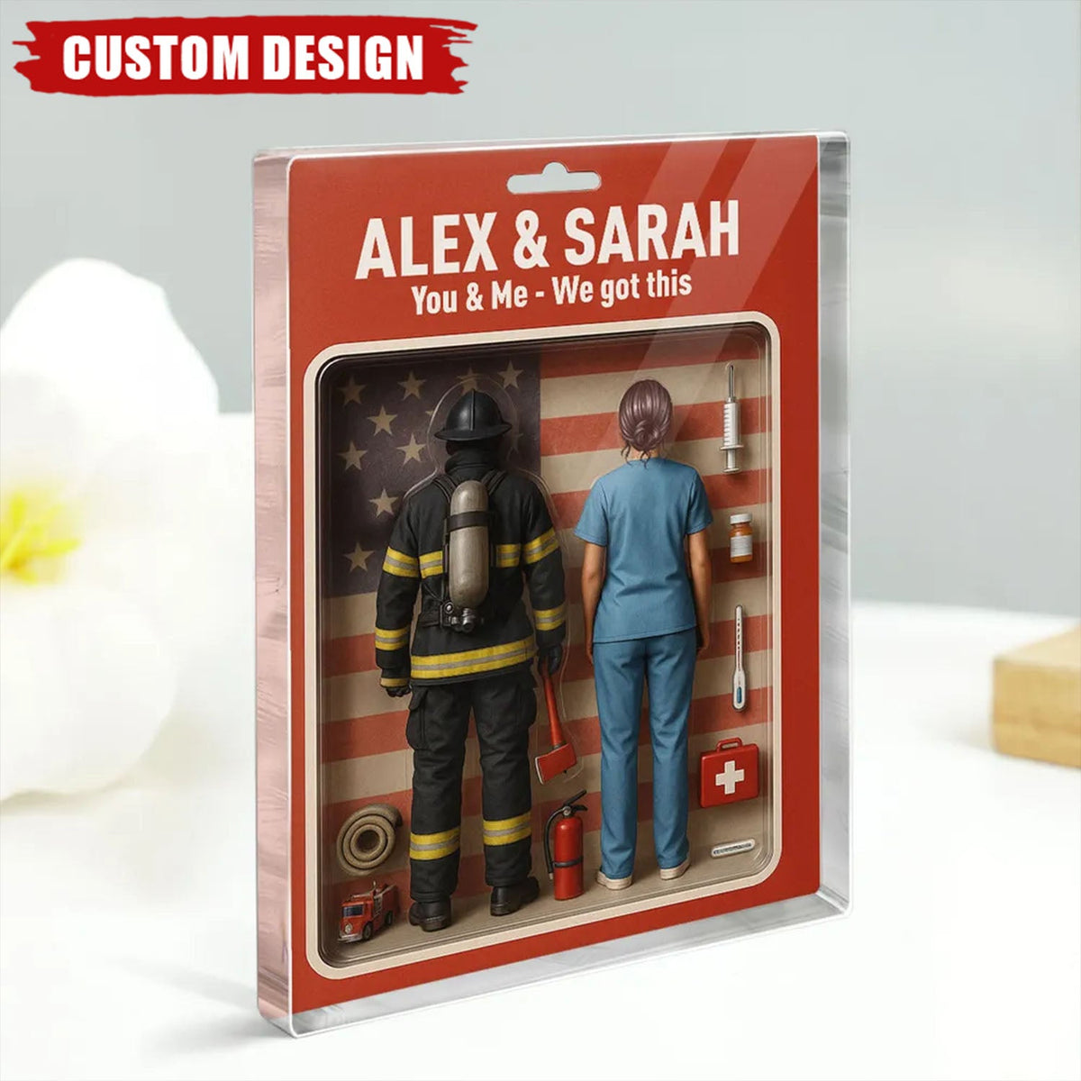 You & Me We Got This - Firefighter & Nurse Couple Toy Box Figures Style Personalized Acrylic Plaque