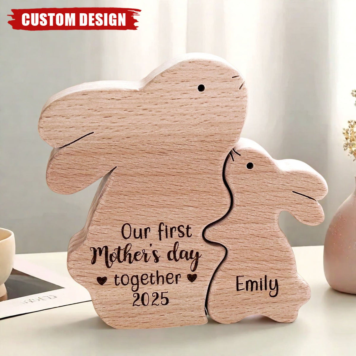 Wooden Bunny Mom And Baby - Personalized Wooden Puzzle, Mother's Day Gift