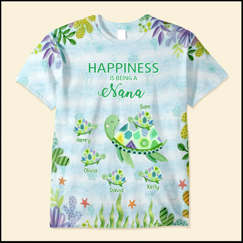 Turtle Grandma Auntie Mom Kids, Happiness is being a Grandma Personalized 3D T-shirt