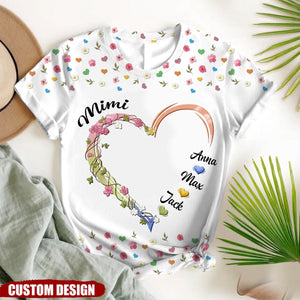 Personalized Grandma, Nana Flower Heart 3D T-shirt