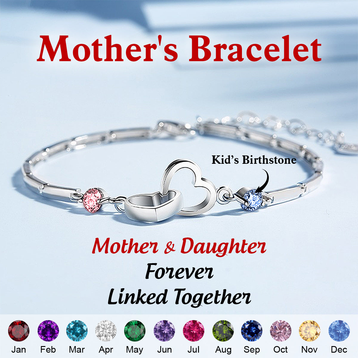 Mother & Daughter Forever Linked Together-Personalized Birthstone Double Heart Bracelet