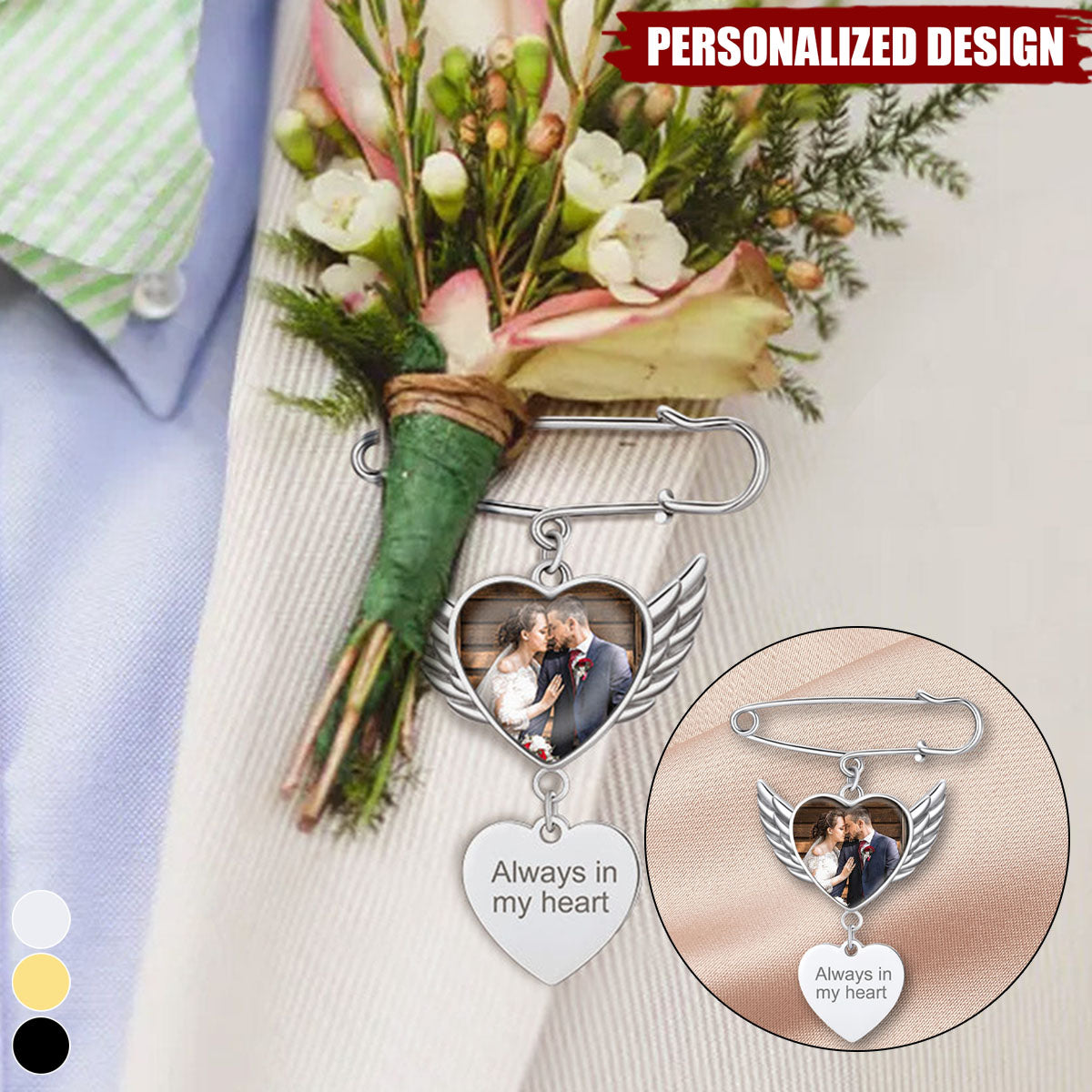 Personalized Angel Wing Wedding Bouquet Heart Picture Charms Brooch Pins