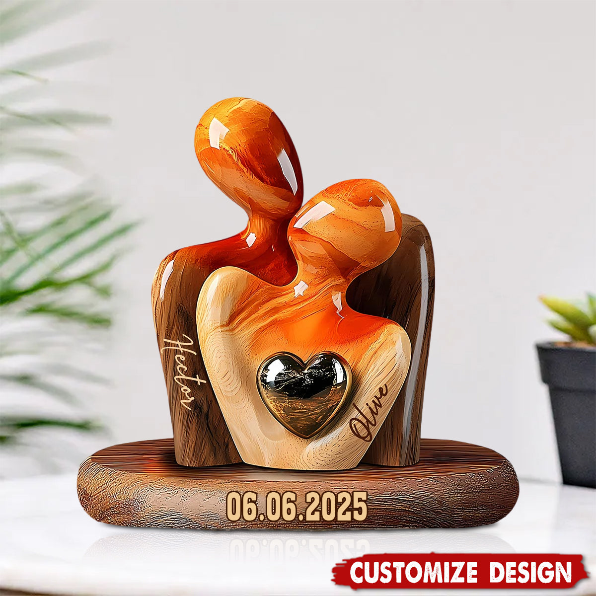 Elegant Couple Statue with Heart Inlay - Personalized Couple Wooden Plaque